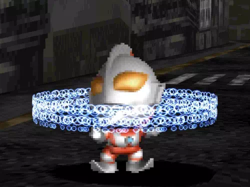キャッチリングの青い輪に胴体を締めつけられているにせウルトラマン