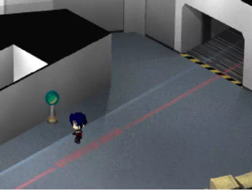 階段エリアの通路に緑色のセーブポイントが置かれている画面