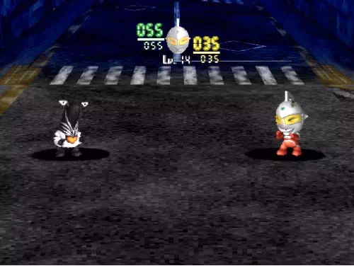夜の道路でウルトラセブンとペガッサ星人が1対1で対峙した戦闘画面。セブンはLv14でHP55/55